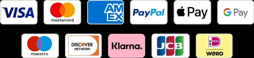 Visa, Mastercard, American Express, PayPal, Apple Pay, Google Pay, Maestro, Discover, Klarna, JCB, iDEAL | Wero