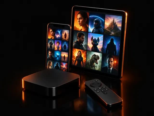 TV box, phone and tablet showing films and series