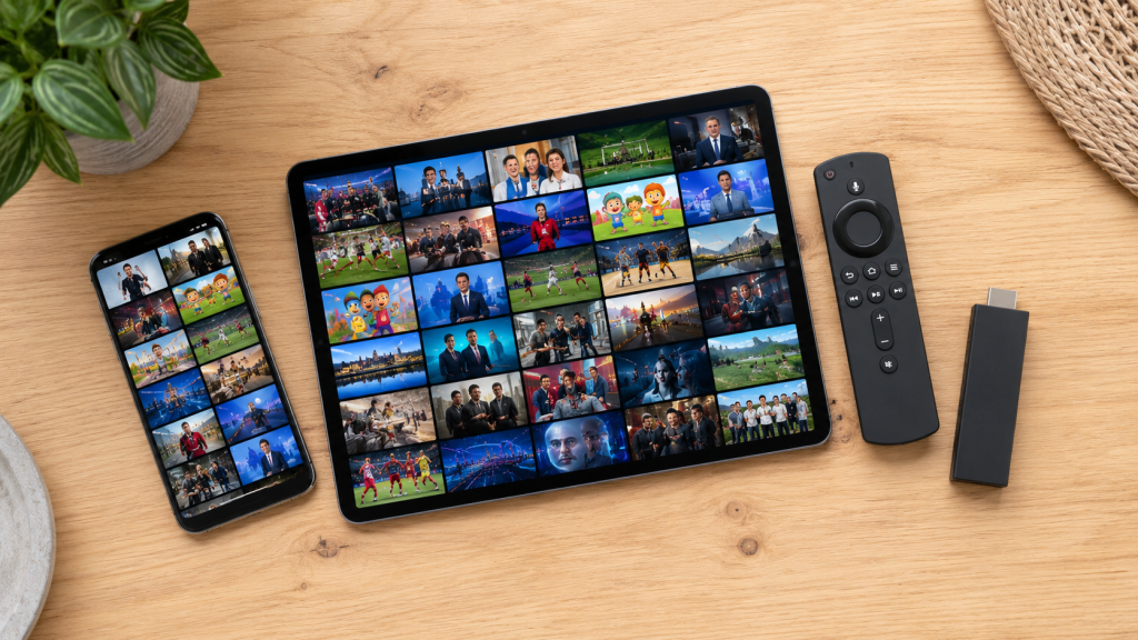 IPTV running on phone, tablet, and streaming stick — multi-device setup