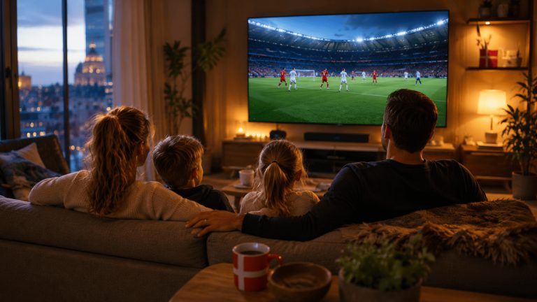 person abroad watching home country TV channels on a smart TV in a cozy living room